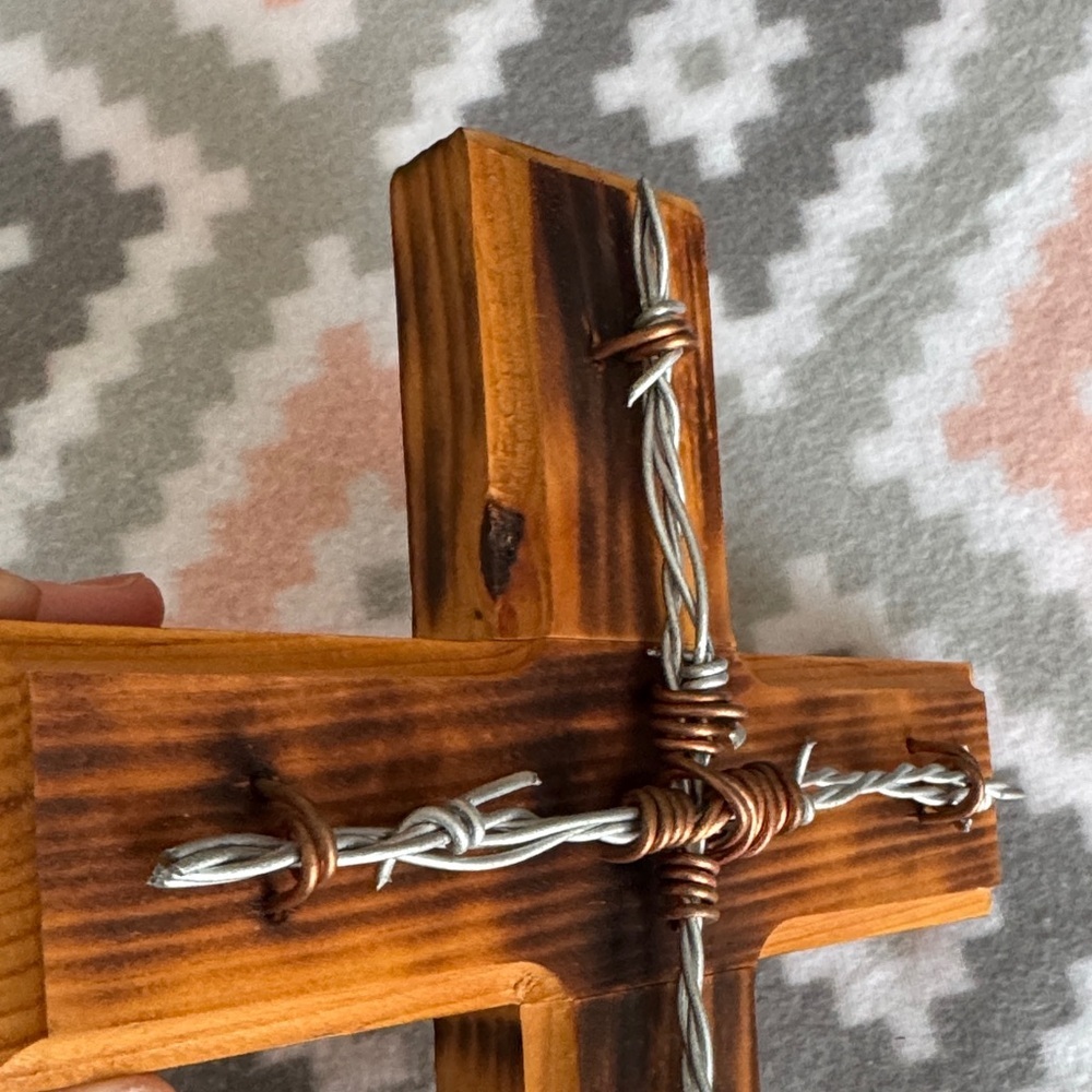 Handmade Wooden Cross with Barbed Wire Accent - Picture 2 of 8